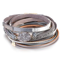 Multilayer Genuine Leather Bracelets for Women Fashion Boho Resin Charm Rhinesto - £14.21 GBP