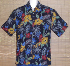 Campia Moda Hawaiian Shirt Black Blue Red Gold Floral Size Medium - £16.01 GBP