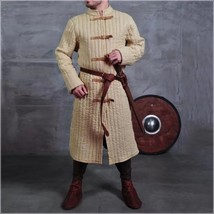 Medieval Tawny Turtleneck Long Sleeve Padded Canvas Gambeson Tunic Battle Coat - £135.44 GBP