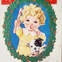 Merry Christmas 1910s Greeting Postcard Embossed Wreath Candy Cane Puppy... - £15.62 GBP