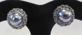 Vtg Monet Clip On Earrings Silver Tone Blue Faux Pearl and Clear Rhinestones - £19.98 GBP