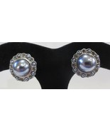 Vtg Monet Clip On Earrings Silver Tone Blue Faux Pearl and Clear Rhinest... - £19.61 GBP