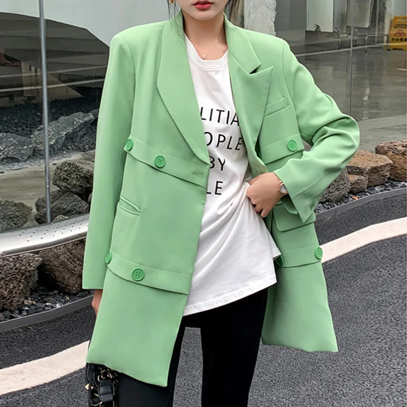 Fresh Green Women Suit 1 Pcs Blazer With Buttons Full Sleeve Loose Oversize Casu - £163.75 GBP