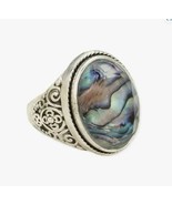 Vintage Look Abalone Shell Print Silver Scroll Shell Ring Size 7.5 - £11.73 GBP