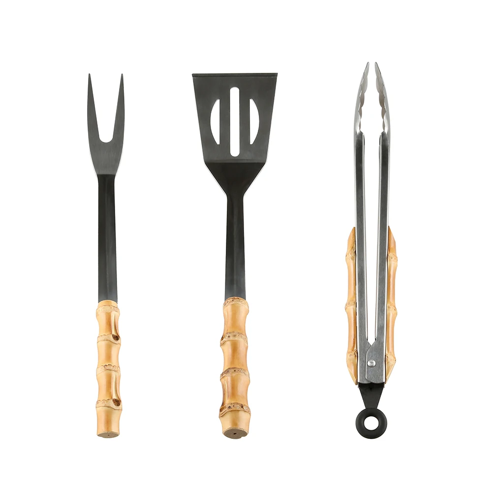 Camping Stainless Steel Bamboo Root Wooden Handle Slotted Spatula Turner Fork - £34.58 GBP