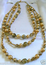 Vtg Gold Color Peal Faux Three Strand Beaded Strands Necklace - £18.92 GBP