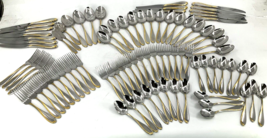 Oneida GOLDEN CAMBER Stainless Gold Accent Glossy 76 PC Flatware Service 12 Plus - £166.50 GBP