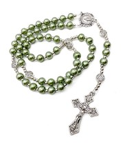 Nazareth Store Green Beads Rosary Necklace Catholic Pearl - $60.29