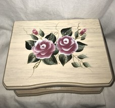 Vintage Wood Jewelry Box Hand Painted Roses Tole Romantic Cottage Prairie Chic - £25.53 GBP