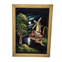 Vintage Black Velvet Painting Windmill Cabin Water Trees Landscape Framed 15.5&quot; - £43.97 GBP