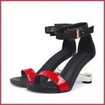 Patent Leather Red Strap Over Toe Black Ankle Buckle Stiletto High Heel Sandals image 2