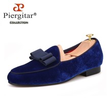 Royal blue velvet Handmade men shoes with navy Bowtie Fashion Prom and Wedding m - £175.92 GBP