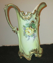 Antique Porcelain Pitcher Handled Hand Painted Flowers Gold Trim   CENTE... - £103.19 GBP