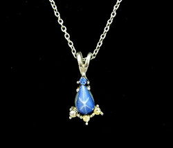 Blue Glass TEAR DROP CAB Rhinestones PENDANT Necklace Vintage Silvertone... - $12.99