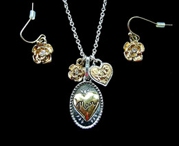 MOM Heart Rose NECKLACE &amp; Pierced EARRINGS Rhinestone Vintage SilverGold... - $12.99