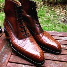 Handmade Men,s Leather Boots, Formal Crocodile Texture Leather Men Brown Boots - £122.27 GBP