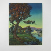Vintage Litho Art Print House River Edge Tree Bridge Blue Dusk Peaceful Retreat - £8.02 GBP