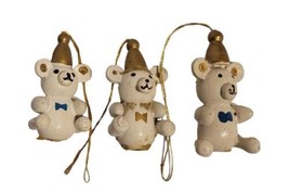 3 Pcs Vtg Handpainted Wooden 1.5&quot; Teddy Bears White Gold Christmas Ornaments EUC - £19.89 GBP