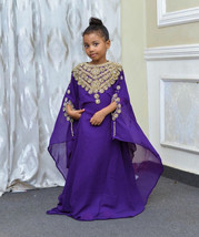 Purple Moroccan New Georgette Wedding Maxi Stylish Kids Kaftan Long Gown Dress - £49.72 GBP