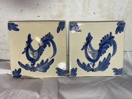 Pair of Handpainted Blue Rooster Tiles Trivets Signed IK Handpainted in ... - $19.35