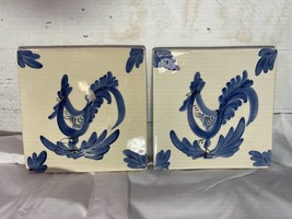 Pair of Handpainted Blue Rooster Tiles Trivets Signed IK Handpainted in ... - £15.33 GBP