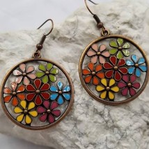 Boho Multicolor Enamel Flower Dangle Earrings - £10.83 GBP