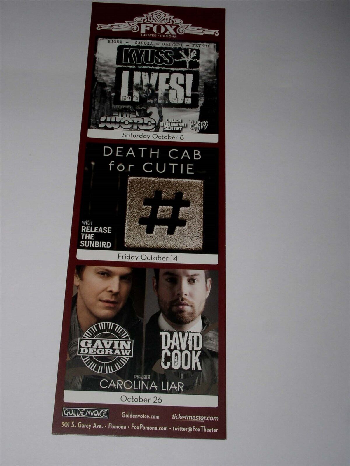 David Cook Concert Promo Card Vintage 2011 Fox Theater Pomona Gavin Degr... - $19.99