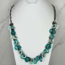 Blue Mother of Pearl Flower Beaded Silver Tone Long Necklace - £7.43 GBP