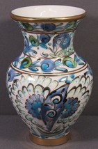 Greek Made Pottery Vase Peacock Colors Gold Accents Hand Made 5.5&quot; x 3.75&quot; READ - £15.55 GBP