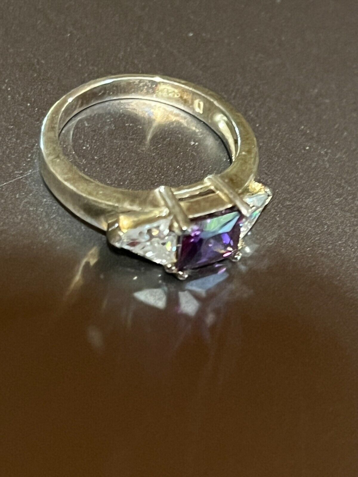 Avon Signed 925 SIlver Marked Band w Dark Purple Princess Cut Flanked by Clear - $19.45