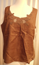 NWT Rafaella Womens SZ 10 Brown Flax Linen Fitted Sequins Beads Blouse - £30.99 GBP