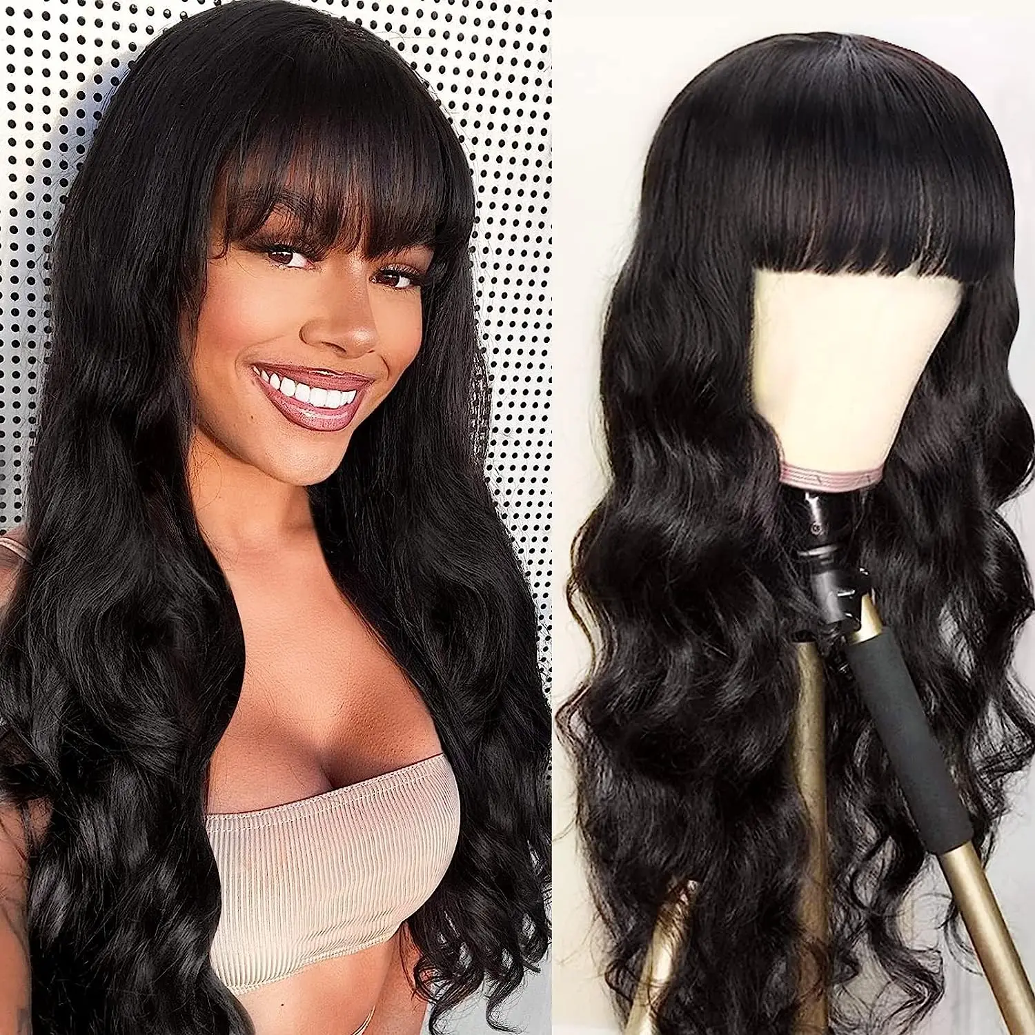 Body Wave Wig with Bangs Human Hair Wigs for Black Women None Lace Front W - $28.61+