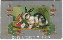 Postcard Embossed Best Easter Wishes Bunny Rabbits Easter Eggs - £3.10 GBP