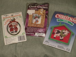  Christmas Mini Cross Stitch Kits Lot of 3 Bear Cherub Cow Ornaments - $9.95