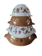 Vintage Pyrex EARLY AMERICAN Brown-Gold Cinderella Bowl Set: 441, 442, 443, 444 - £93.44 GBP