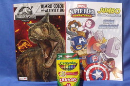 Toys New Marvel Super Hero Jurassic World Jumbo Coloring Book 24 Crayola Crayons - £5.54 GBP