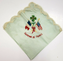Old Antique Silk Handkerchief Souvenir de France Embroidered Flags Flower French - £8.02 GBP
