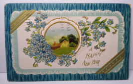 New Years Postcard Blue Forget Me Not Flowers Scenic Cottage Embossed 1910 - £7.12 GBP