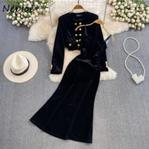 Elegant Fashion O-neck Long Sleeve Gold Velvet Coat + Slim Waist Bodycon... - £69.00 GBP