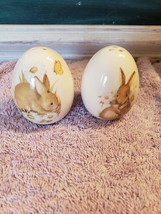 2 Easter Egg Porcelain Salt Pepper Set Bunny Rabbits Butterflies Flowers - £15.57 GBP