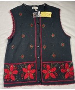 Women&#39;s Medium Kim Rogers Black w/Poinsettias Button Front Vest New With... - $18.23