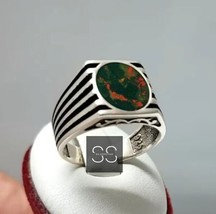 Natural Bloodstone Ring Men 925 Sterling Silver Statement Ring, March Birthstone - £84.18 GBP