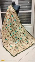 Women Dupatta chanderi wool thread embroidery Raw Silk Pompom India Chunni PP3 - £25.06 GBP