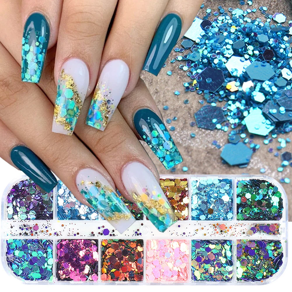 12 Colors Gradient Mermaid Glitter Nail Art Sequins, Personalized 3D Gradient - £9.43 GBP