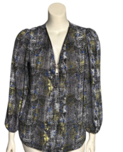 Premise Studio Top Women&#39;s Large Shirt Snakeskin Black Blue Yellow Zip Neck - £10.96 GBP