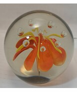 Art Glass Paperweight Red Flower Geometric Bubble design floral 3" Cottage Core - $24.00