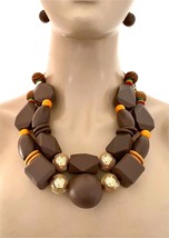 Brown Wooden Beads Chunky Statement Oversize Bib Layered Multistrand Necklace - $49.64