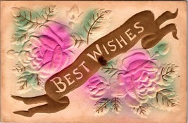 Best Wishes Embossed Pink Flowers Gold Ribbon Posted Antique Vintage Postcard - £6.04 GBP