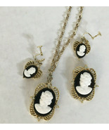 Vintage cameo set costume jewelry necklace brooch and screw back earrings  - $39.55
