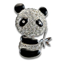 PANDA BROOCH 1.5&quot; Cute Panda Bear Pin Sparkling Crystal Black Enamel Rhi... - $2.95